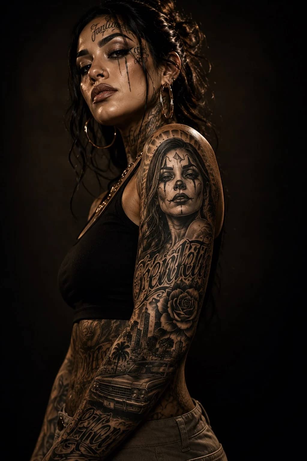 Chicano arm sleeve with payasa portrait, script lettering, rose, and LA lowrider at Bloodline Tattoo Bali