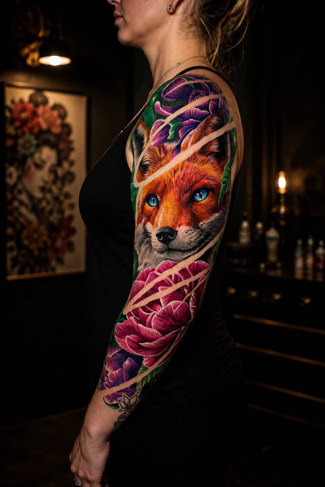Colour realism fox sleeve with blue eyes, magenta peonies, and diagonal skin breaks at Bloodline Tattoo Bali