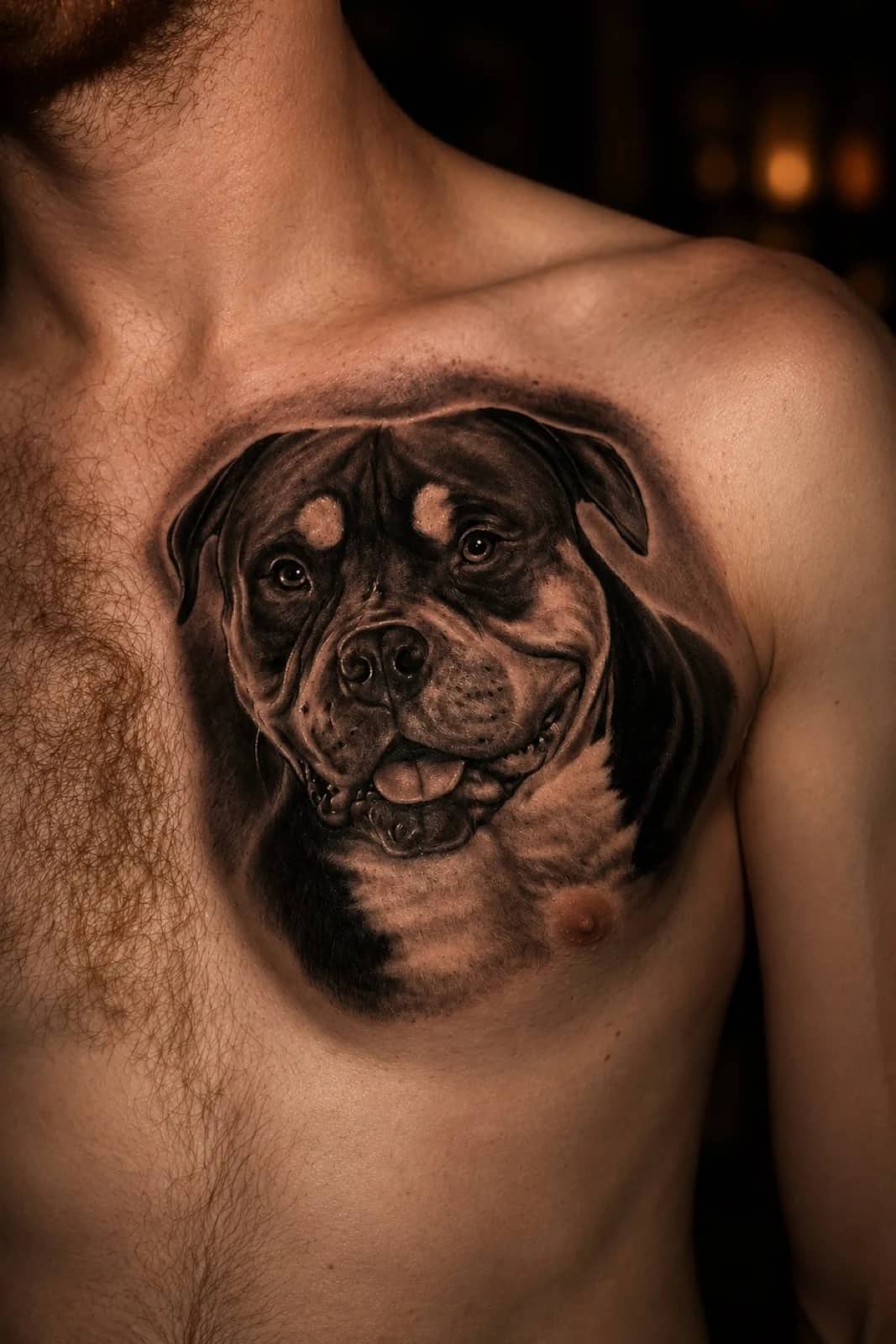 Realistic black and grey Rottweiler dog portrait on the upper chest at Bloodline Tattoo Bali