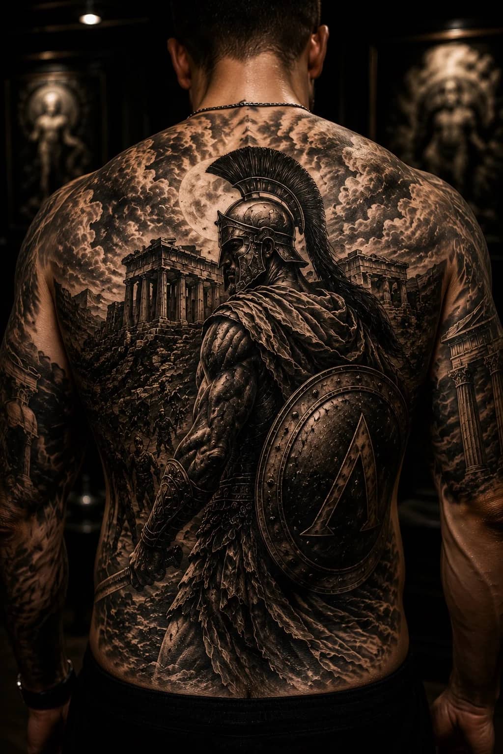 Spartan warrior and Parthenon full moon black and grey realism back tattoo at Bloodline Tattoo Bali