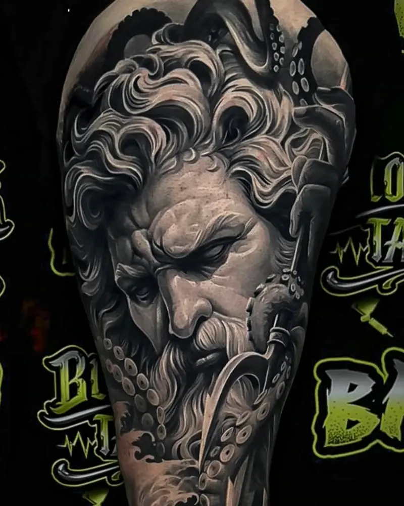 Healed black and grey wildlife full-leg sleeve with wolf, squirrel, and deer at Bloodline Tattoo Bali