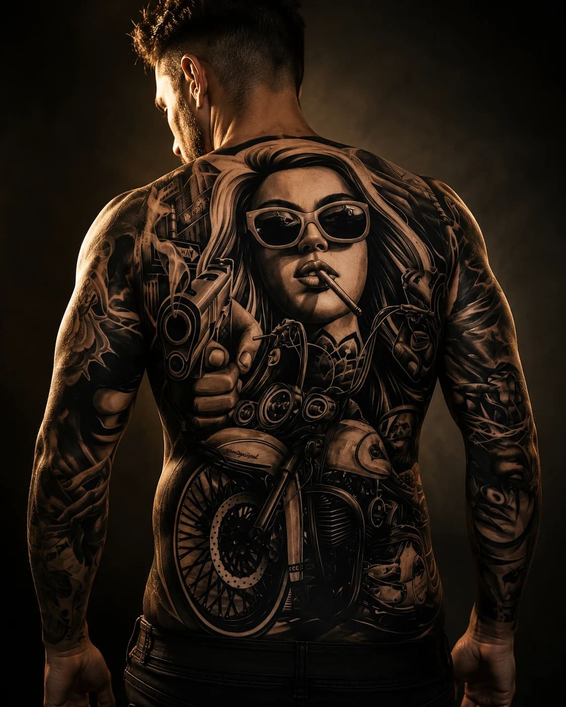 Black and grey realism portrait sleeve with roses and classical columns on a woman at Bloodline Tattoo Bali