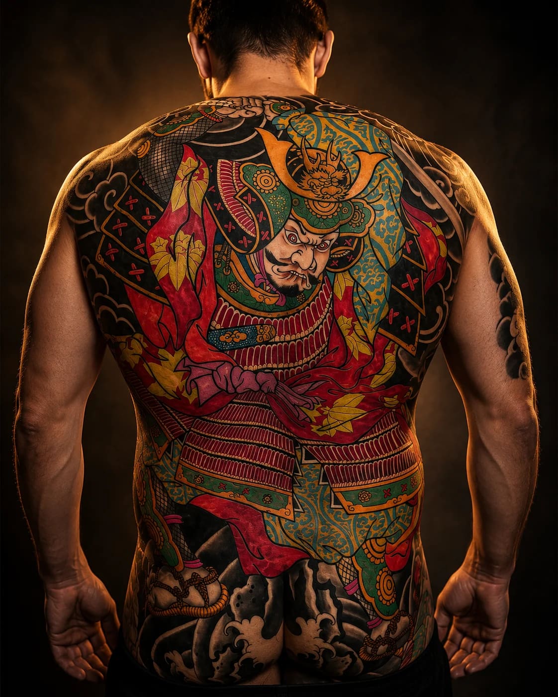 Black and grey realism Spartan warrior and Parthenon full back tattoo in a moody studio at Bloodline Tattoo Bali