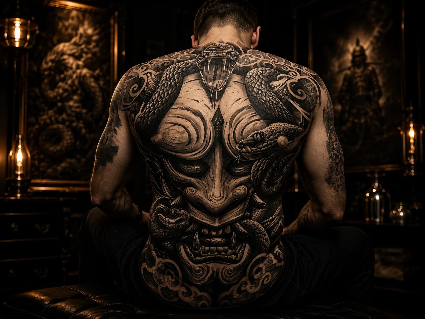 Black and grey realism Spartan warrior and Parthenon full back tattoo in a moody studio at Bloodline Tattoo Bali