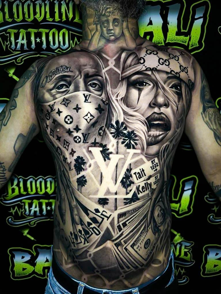 Detailed black and grey Chicano full back tattoo featuring masked faces, a woman in a Gucci scarf, palm trees, cards, and stacks of money at Bloodline Tattoo Bali.