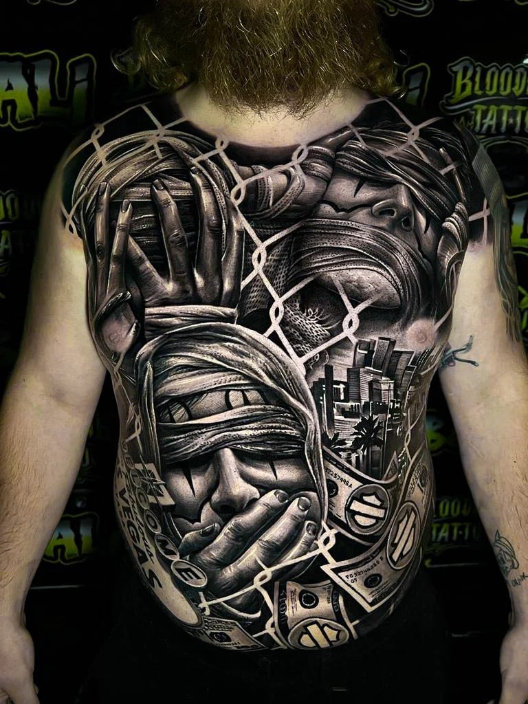 Detailed black and grey Chicano full back tattoo featuring blindfolded faces, chain-link framing, city skyline, casino chips, and money at Bloodline Tattoo Bali.