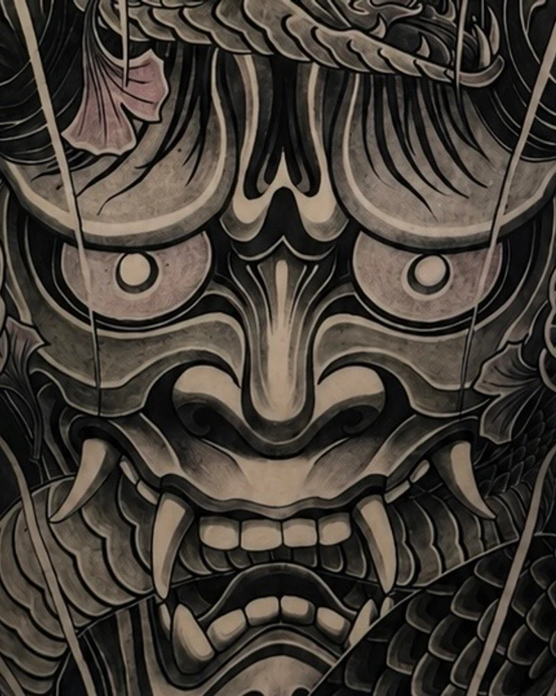 Japanese black and grey leg tattoo with samurai kabuto portrait and mounted samurai scene at Bloodline Tattoo Bali